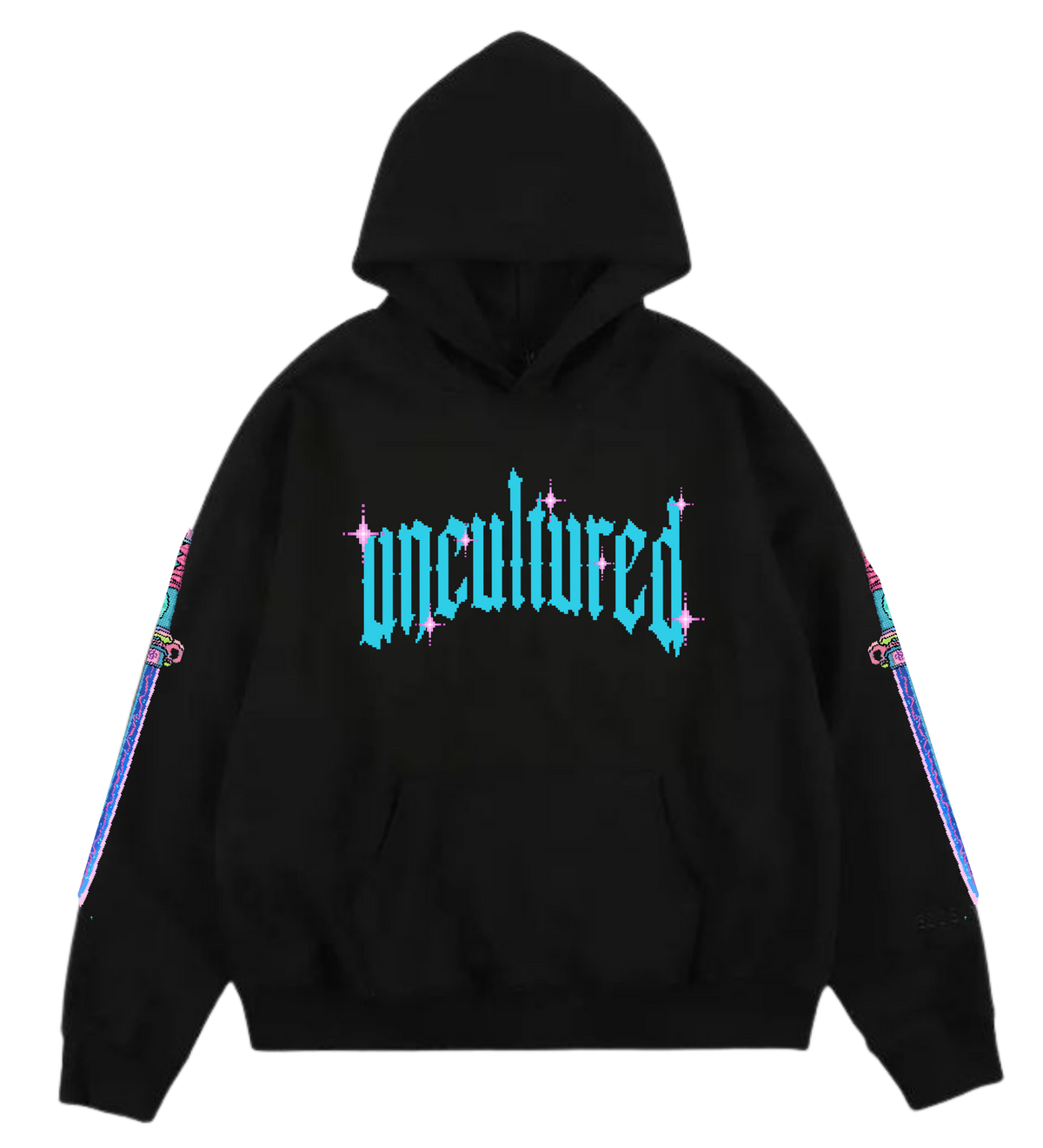 Spirit of the Samurai hoodie, front: cyan uncultured wordmark on black, with pixel katana sleeves