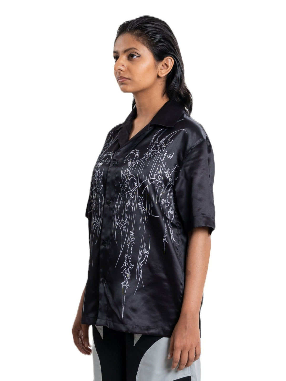 Fractal Shirt, black satin with white sigil linework, view 2 of 5