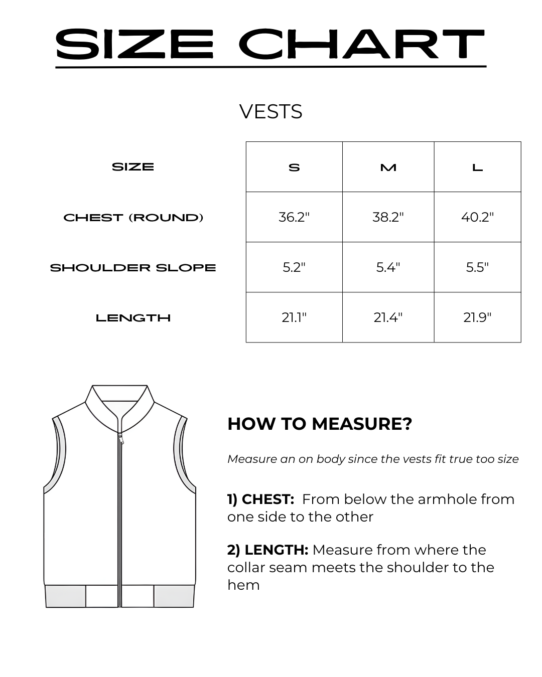 Size chart for Void Vest