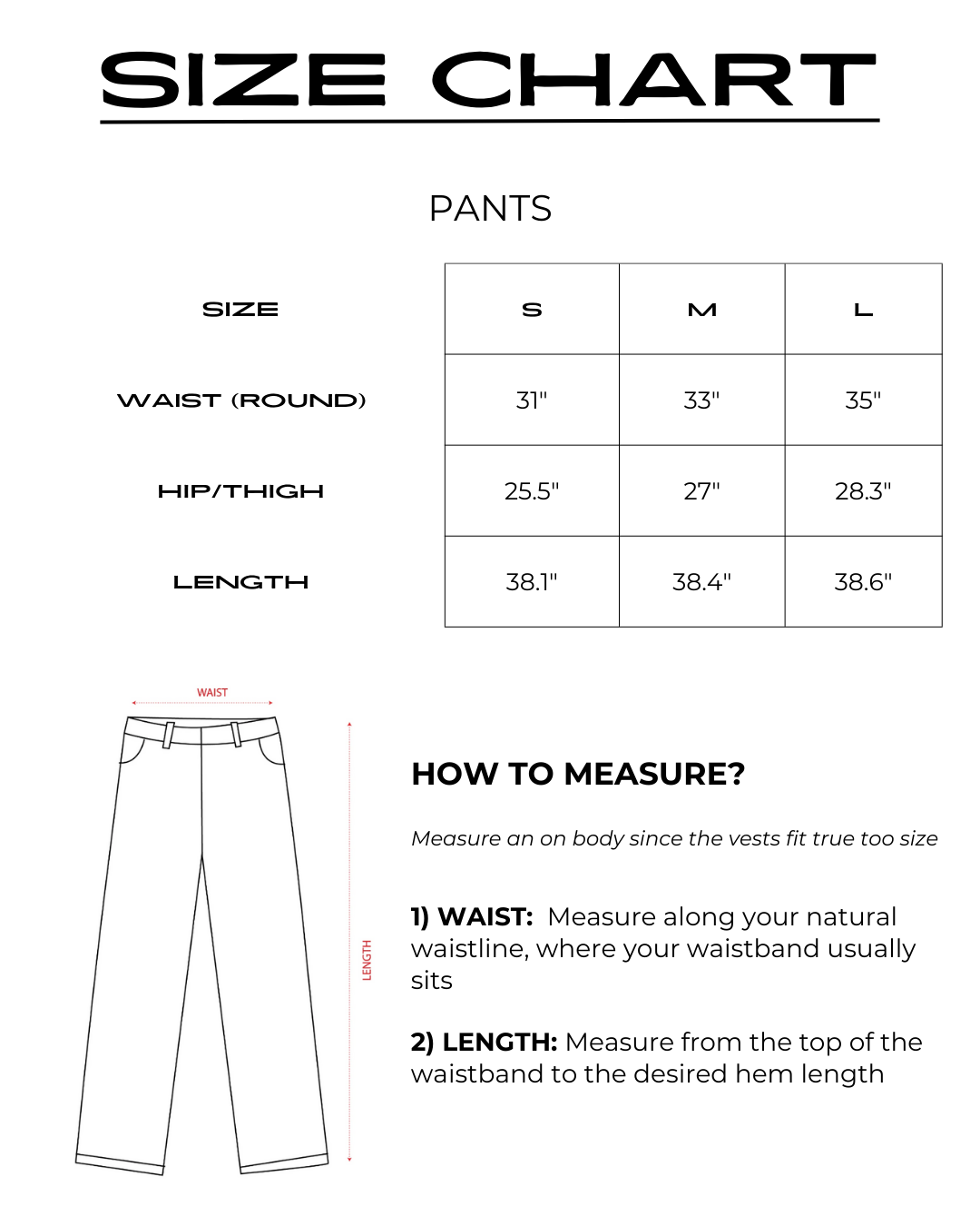 Size chart for Diskforge pants