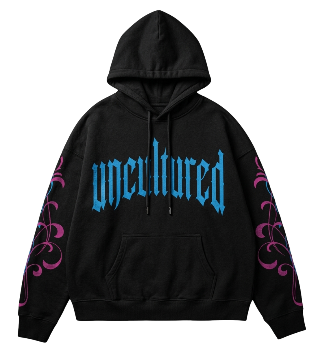 Alone hoodie, front: blue uncultured gothic wordmark on black, with pink sleeve flourishes