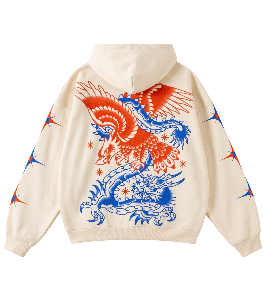 Beasts of Chaos hoodie, back: red eagle and blue dragon artwork on a cream oversized hoodie
