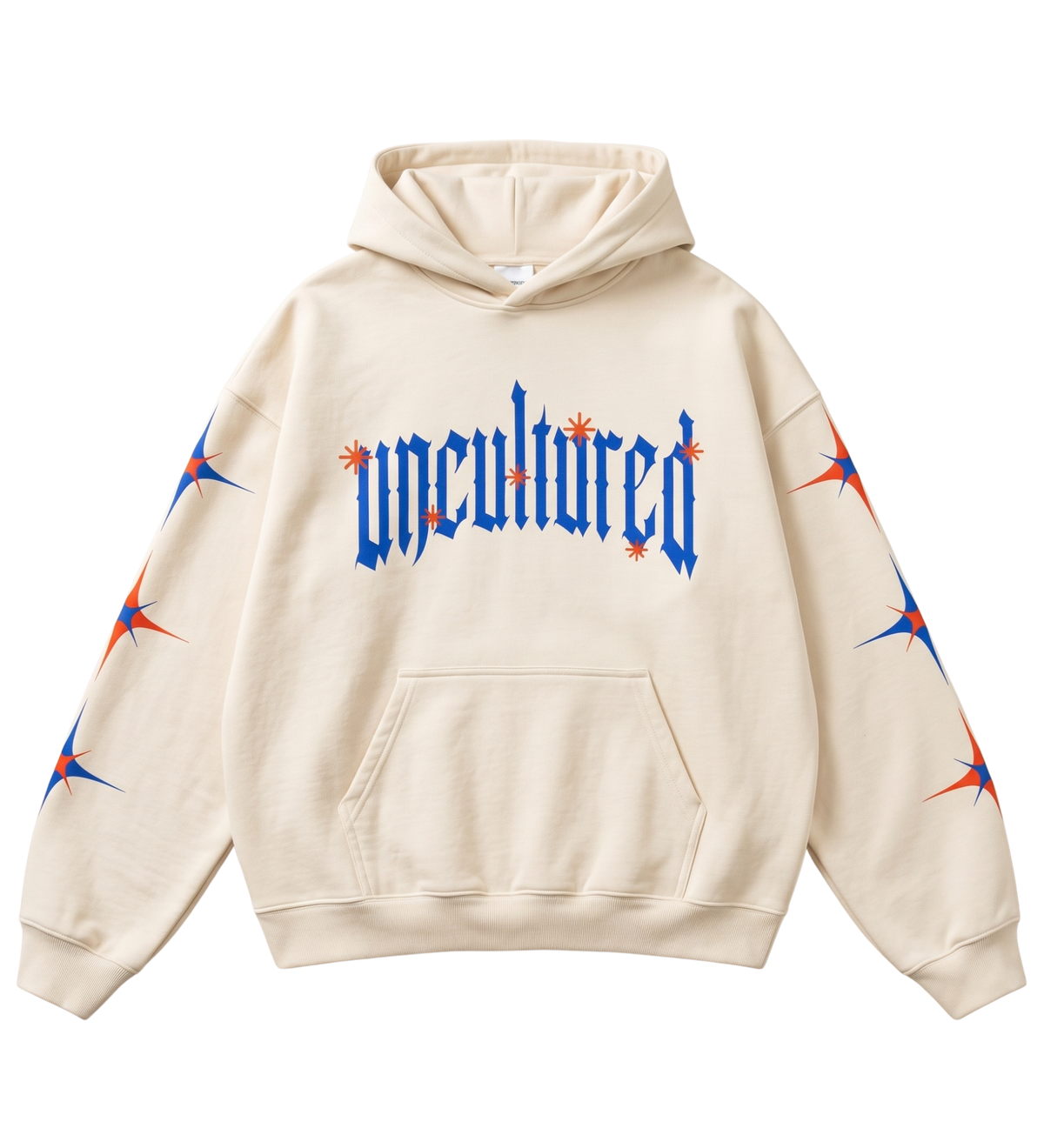 Beasts of Chaos hoodie, front: blue uncultured gothic wordmark on cream, with star-burst sleeve accents