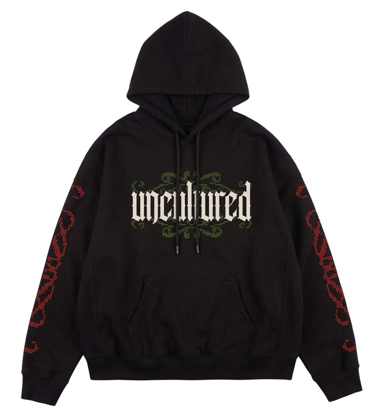Trust Your Intuition hoodie, front: olive-green uncultured wordmark on black, with red cross-stitch sleeves