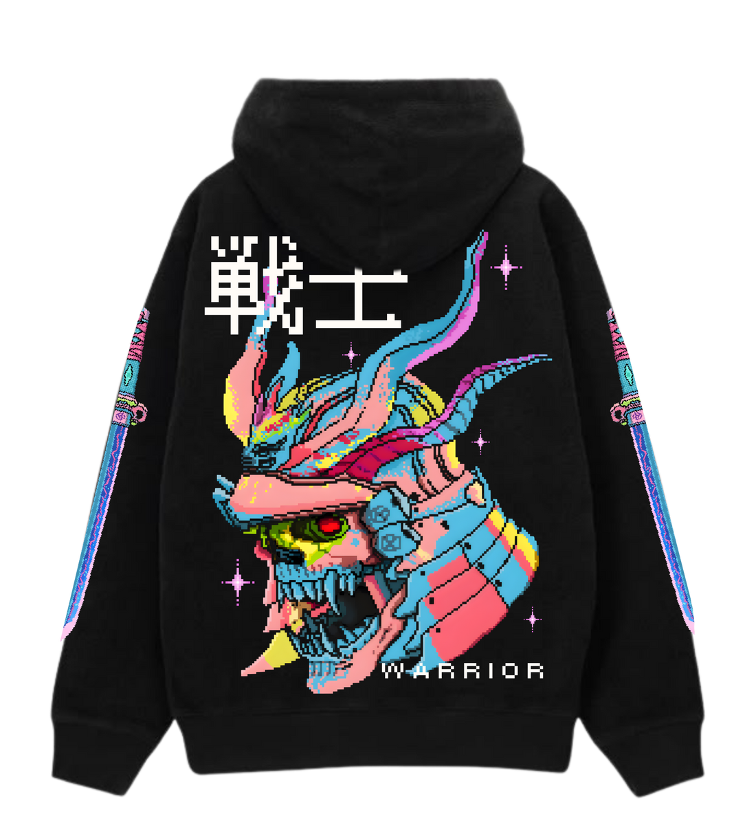 Spirit of the Samurai hoodie, back: pixel-art samurai skull with warrior kanji on black