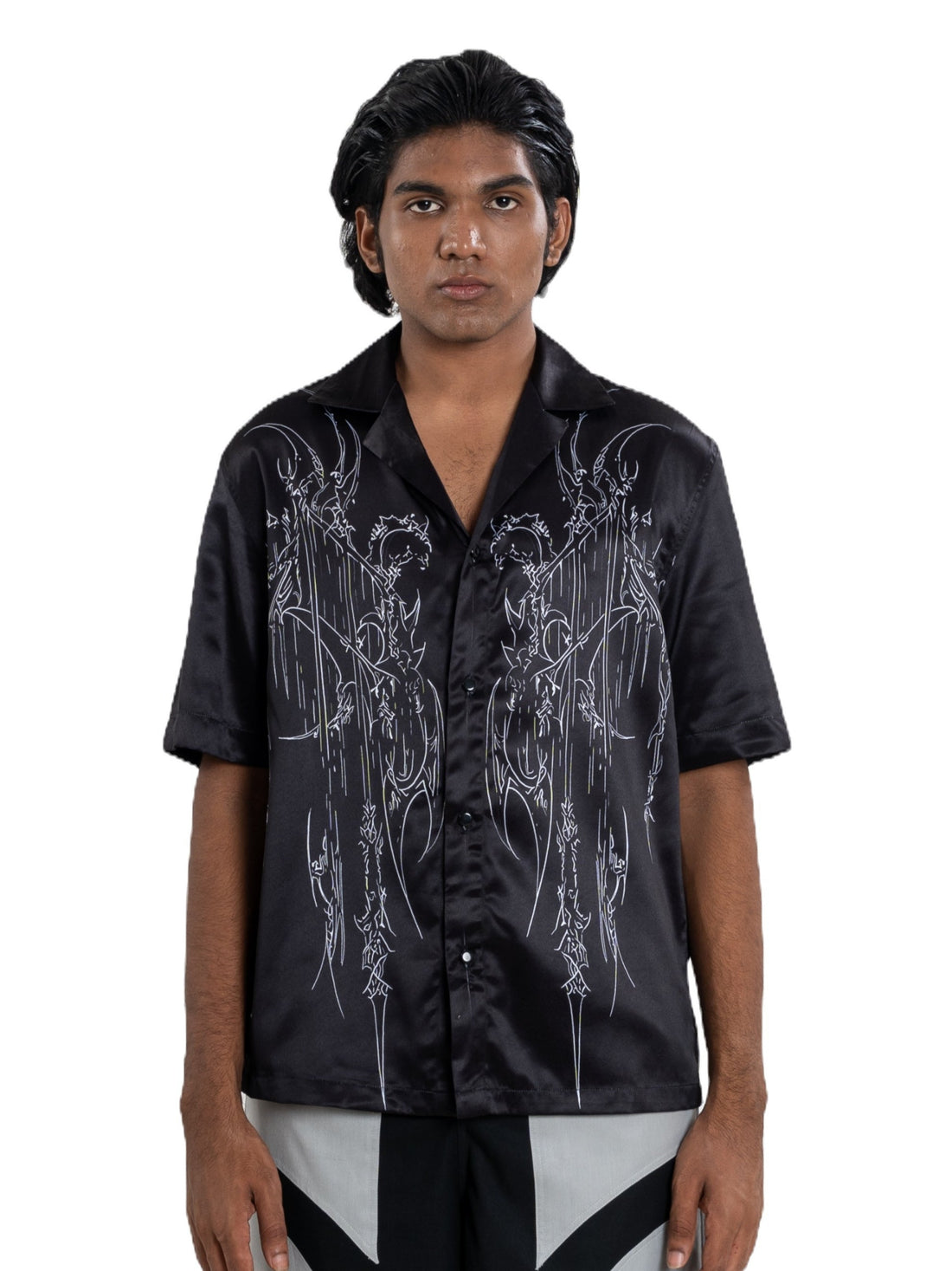 Fractal Shirt, black satin with white sigil linework, view 1 of 5
