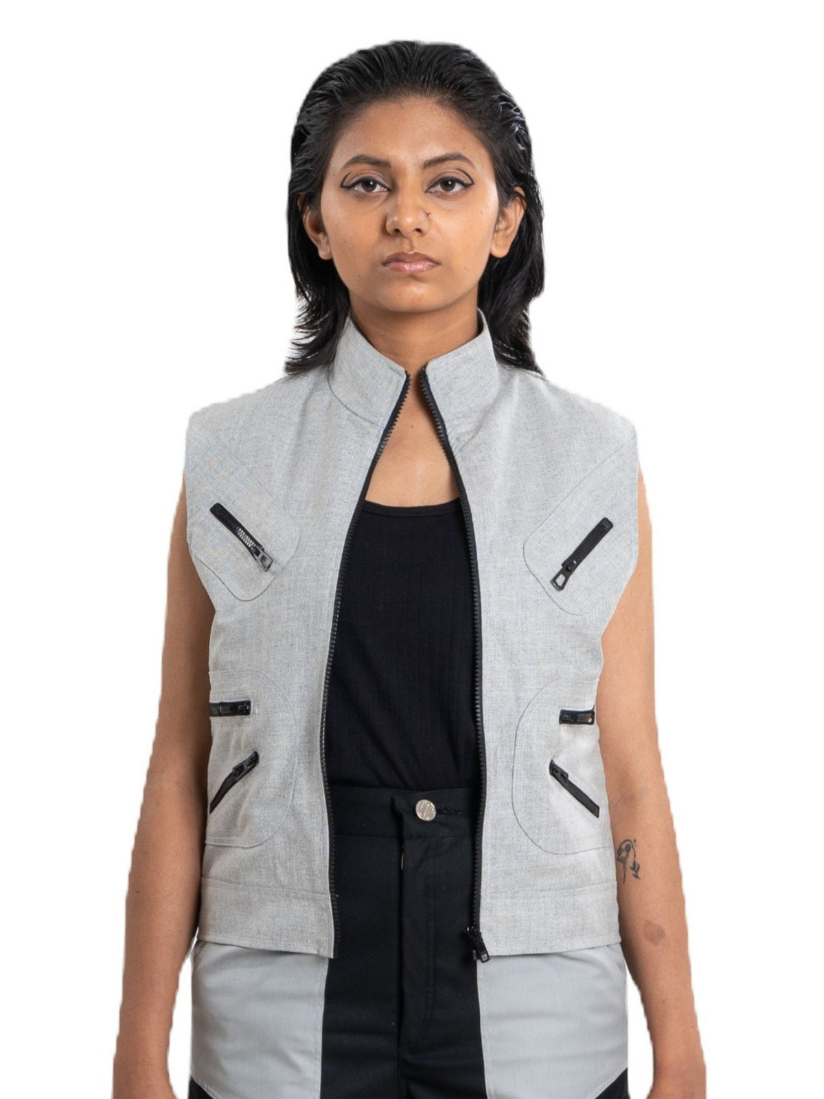 Void Vest, grey zip-front vest, view 1 of 4